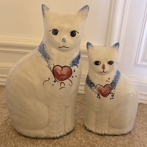 Vintage Folk Art Cat Figure Statue Blue Sponge Ware